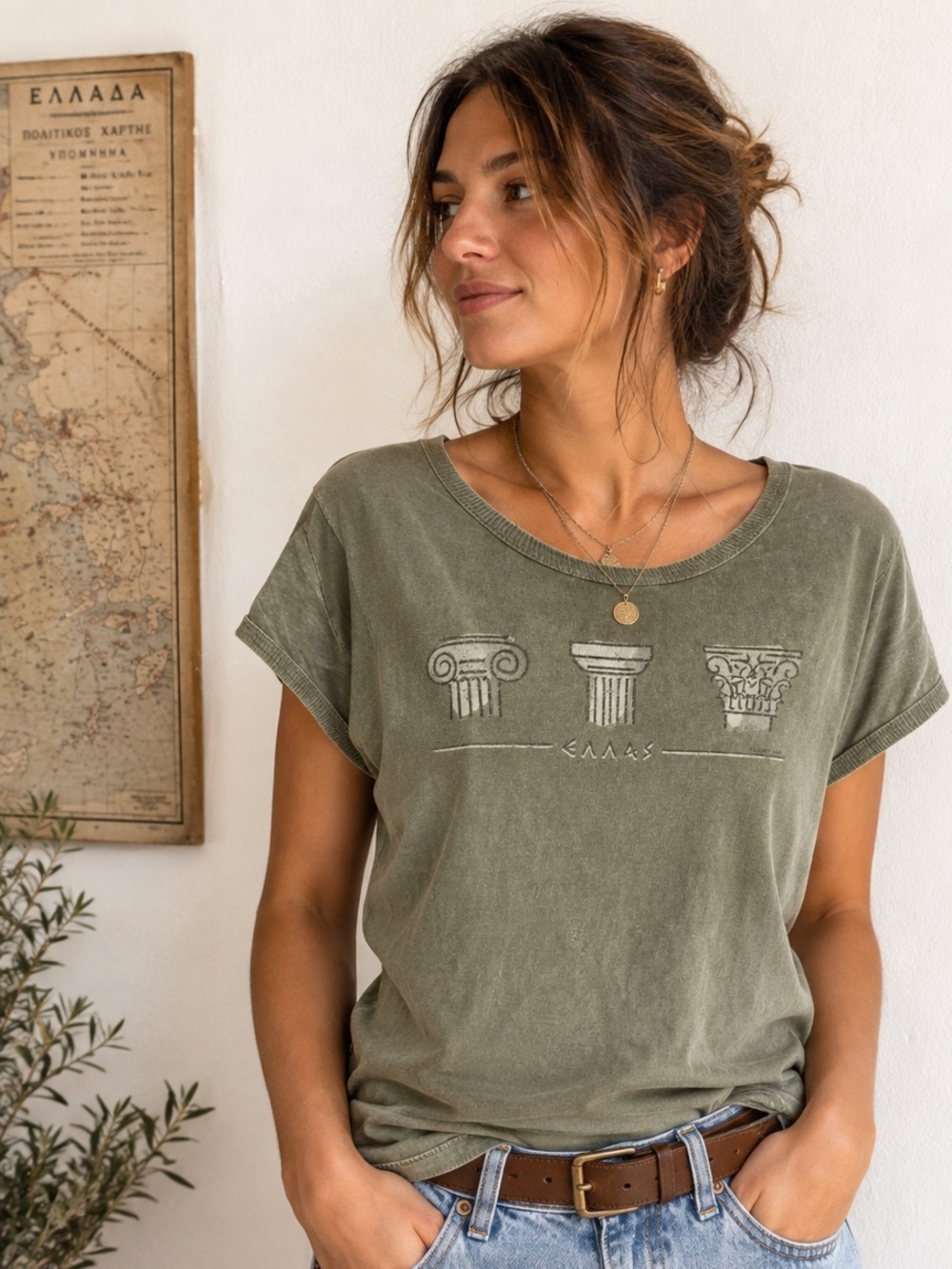History Greece Hellas Greek Columns Olive Graphic Tee Made in Greece Runs Small